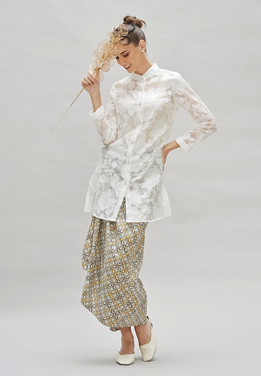 Loveaisyah White Floral Burnout high neck Top & Batik Wrap Skirt