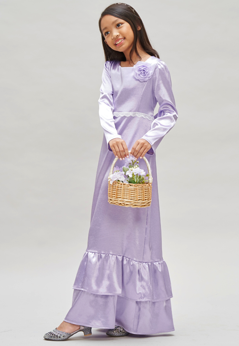 Lilac Dress with Flower Brooch Baju Hari Raya for girls