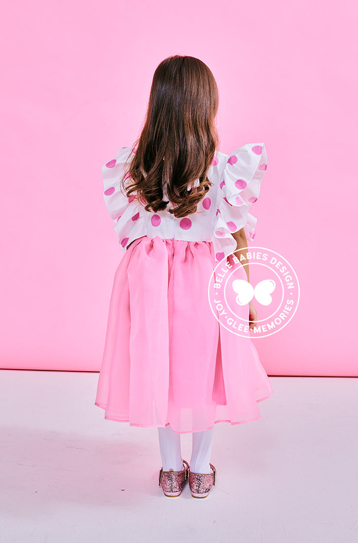White-Pink Polka Organza Dress