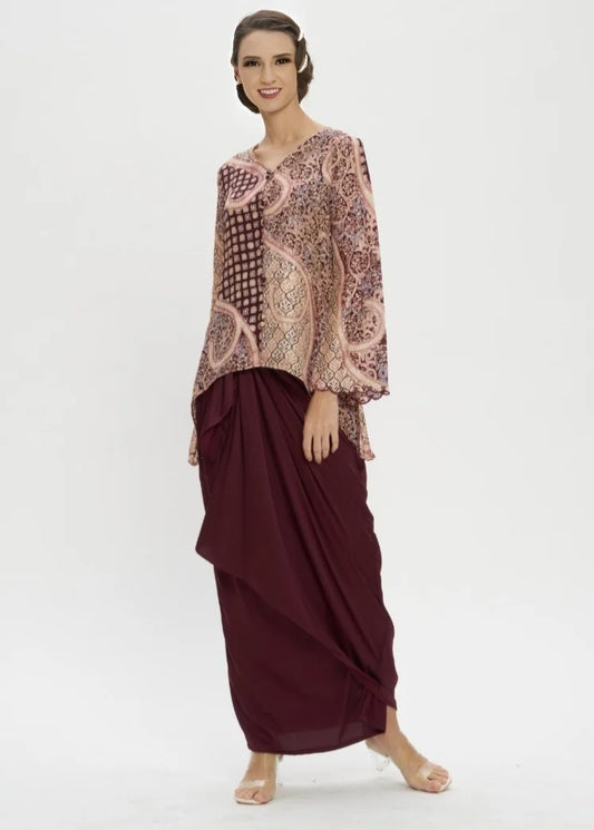 Premium Batik Maroon Top & Wrap Skirt Modern Kurung Hari Raya