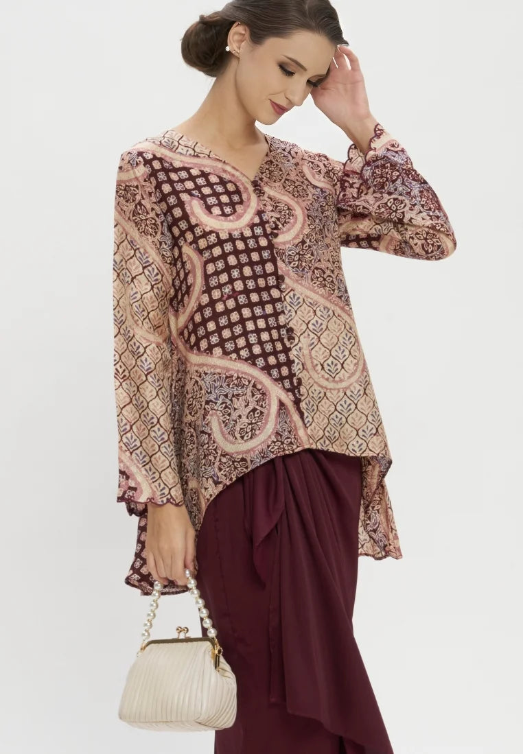 Premium Batik Maroon Top & Wrap Skirt Modern Kurung Hari Raya
